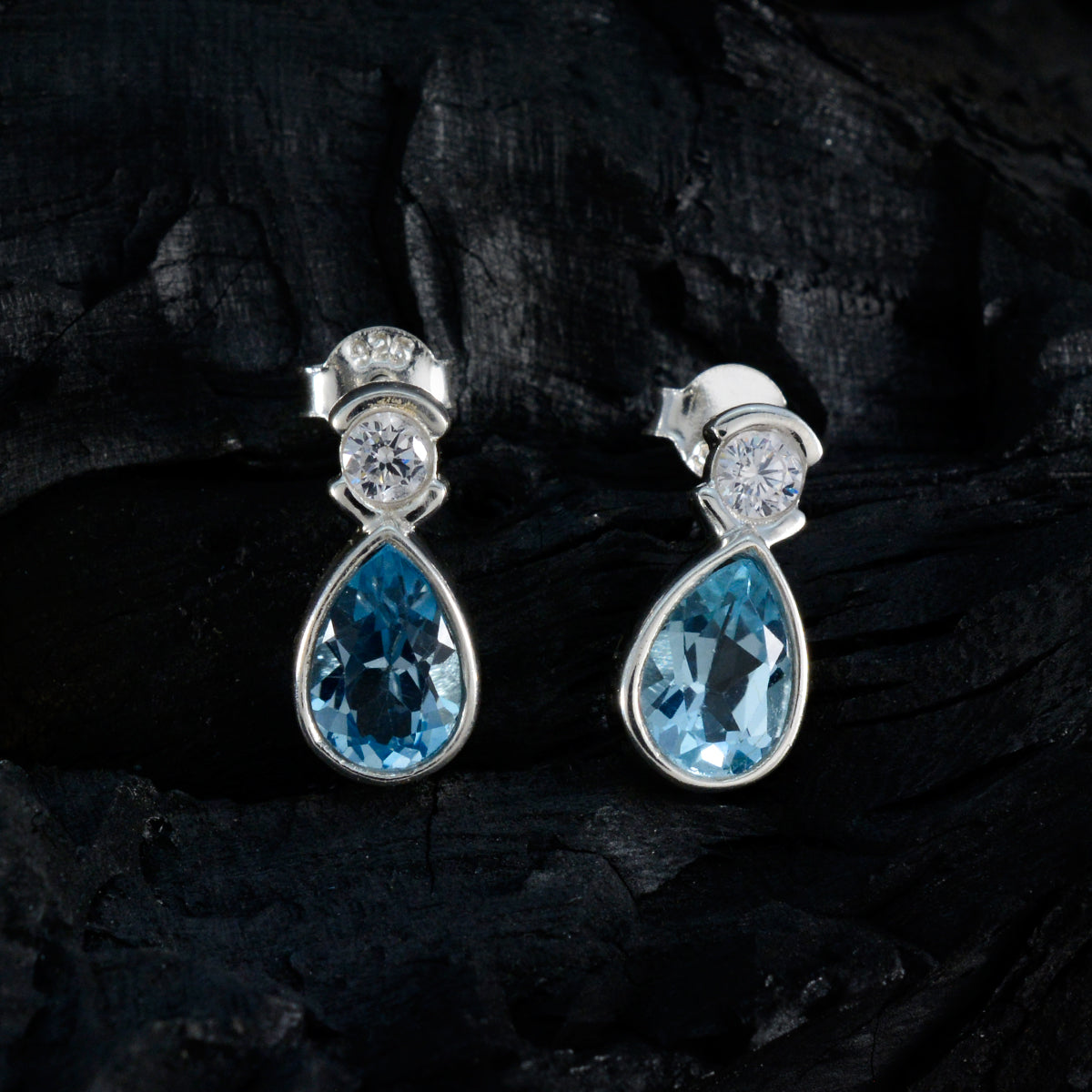 Riyo Spunky 925 Sterling Silver Earring For Damsel Blue Topaz Earring Bezel Setting Blue Earring Stud Earring