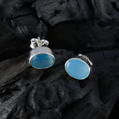 Riyo Irresistible 925 Sterling Silver Earring For Women Chalcedony Earring Bezel Setting Blue Earring Stud Earring