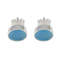 Riyo Irresistible 925 Sterling Silver Earring For Women Chalcedony Earring Bezel Setting Blue Earring Stud Earring