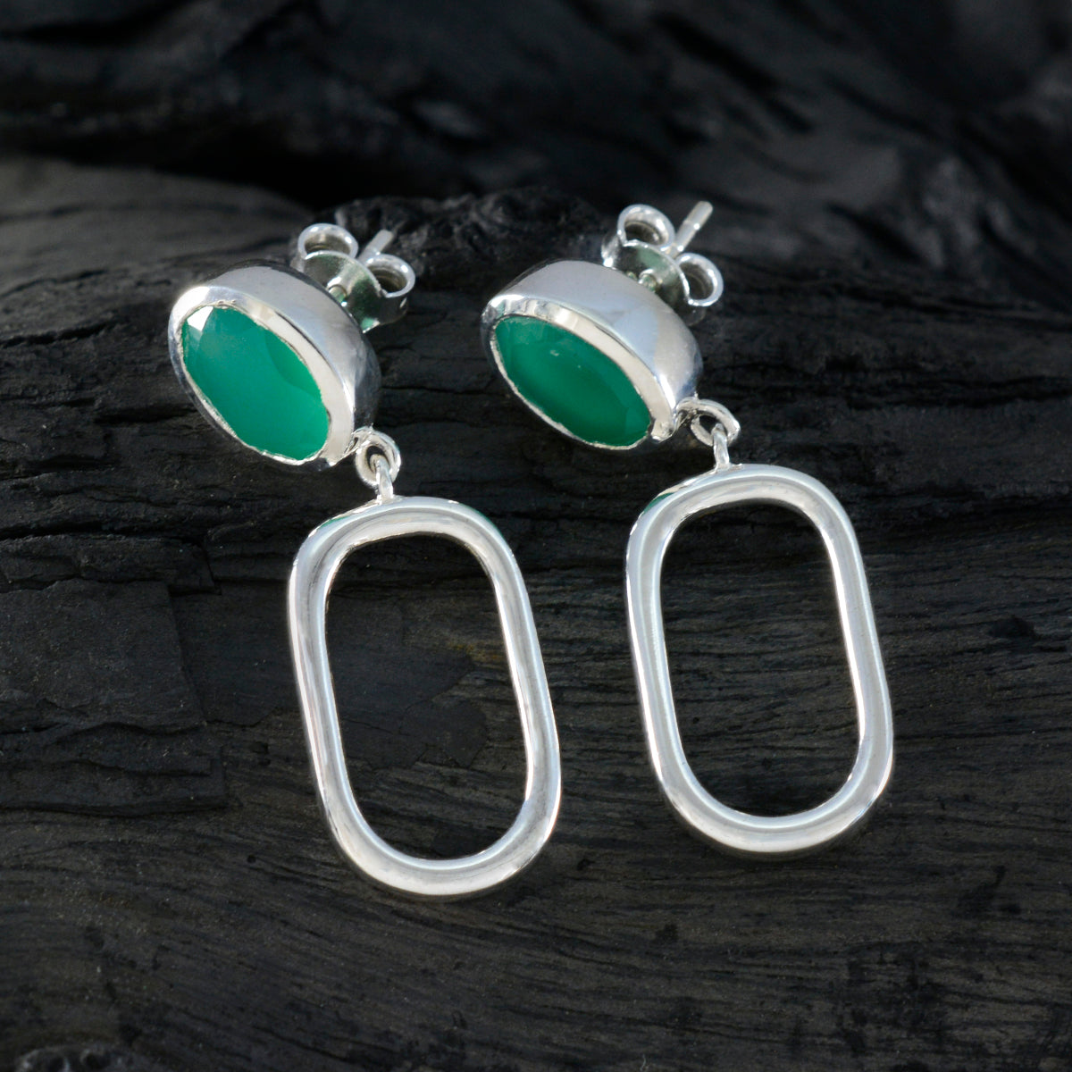 Riyo Charming Sterling Silver Earring For Wife Green Onyx Earring Bezel Setting Green Earring Stud Earring