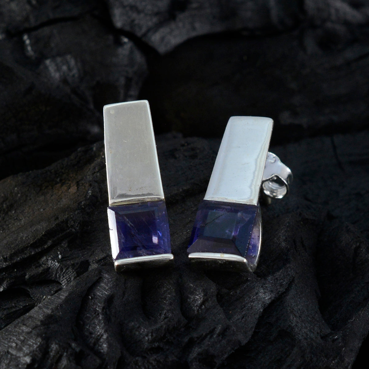 Riyo Decorative Sterling Silver Earring For Female Iolite Earring Bezel Setting Blue Earring Stud Earring