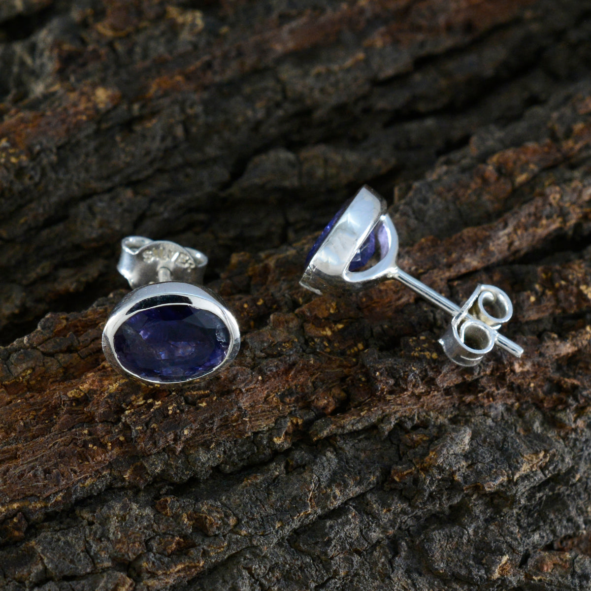 Riyo Artistic Sterling Silver Earring For Lady Iolite Earring Bezel Setting Blue Earring Stud Earring