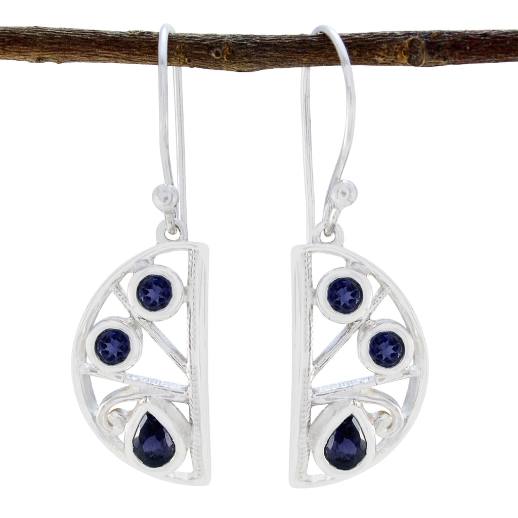 Riyo Aesthetic 925 Sterling Silver Earring For Female Iolite Earring Bezel Setting Blue Earring Dangle Earring