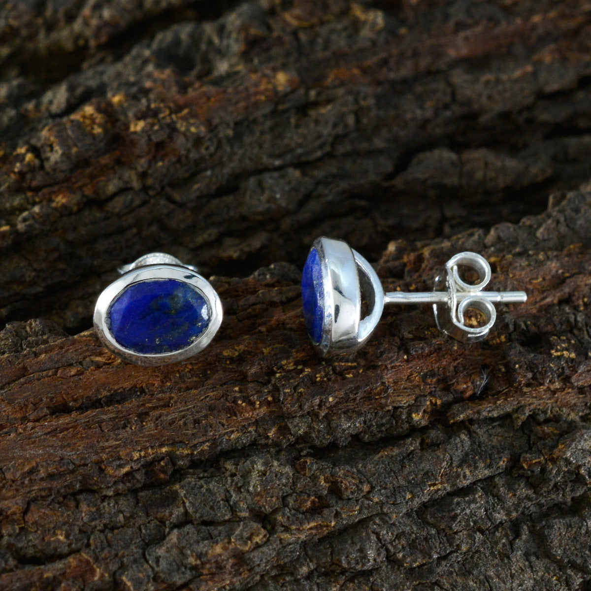 Riyo Bonny 925 Sterling Silver Earring For Women Lapis Lazuli Earring Bezel Setting Blue Earring Stud Earring
