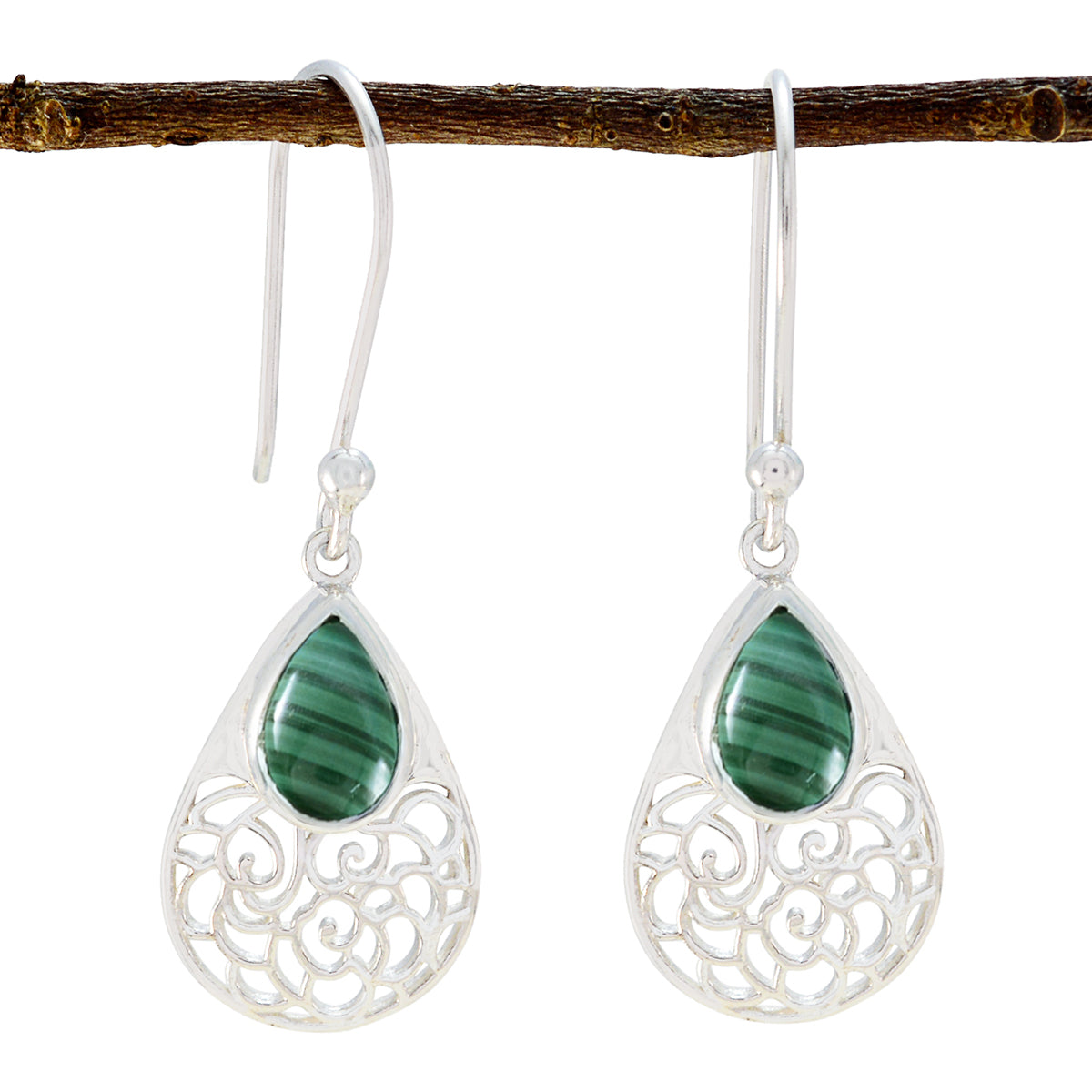 Riyo Tasty 925 Sterling Silver Earring For Lady Malachite Earring Bezel Setting Green Earring Dangle Earring