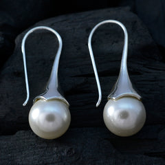 Riyo Engagierender Sterlingsilber-Ohrring für Ehefrau, Perlenohrring, Zargenfassung, weißer Ohrring, baumelnder Ohrring
