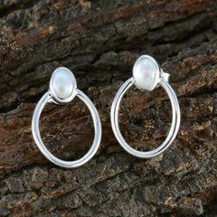 Riyo Aantrekkelijke 925 Sterling zilveren oorbel voor Lady Pearl Earring Bezel Setting White Earring Stud Earring