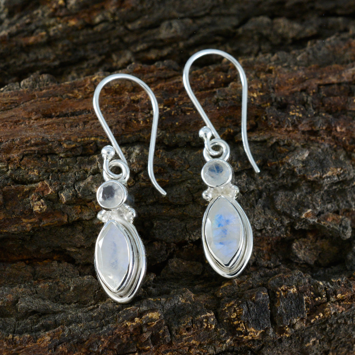 Riyo Good-Looking Sterling Silver Earring For Femme Rainbow Moonstone Earring Bezel Setting White Earring Dangle Earring