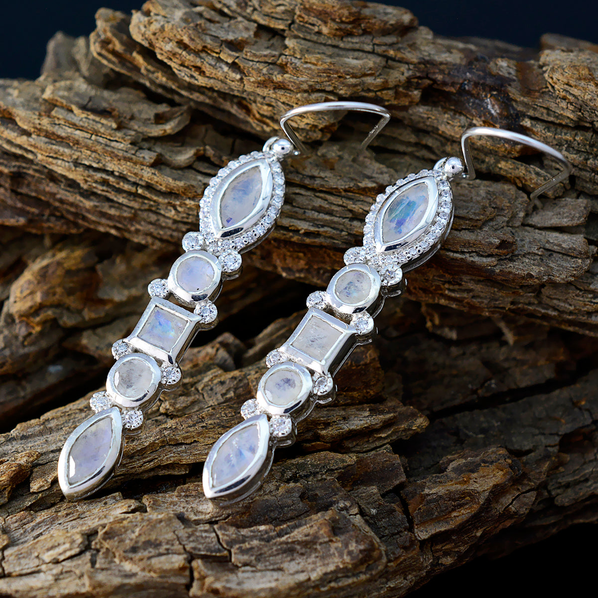 Riyo Graceful Sterling Silver Earring For Lady Rainbow Moonstone Earring Bezel Setting White Earring Dangle Earring