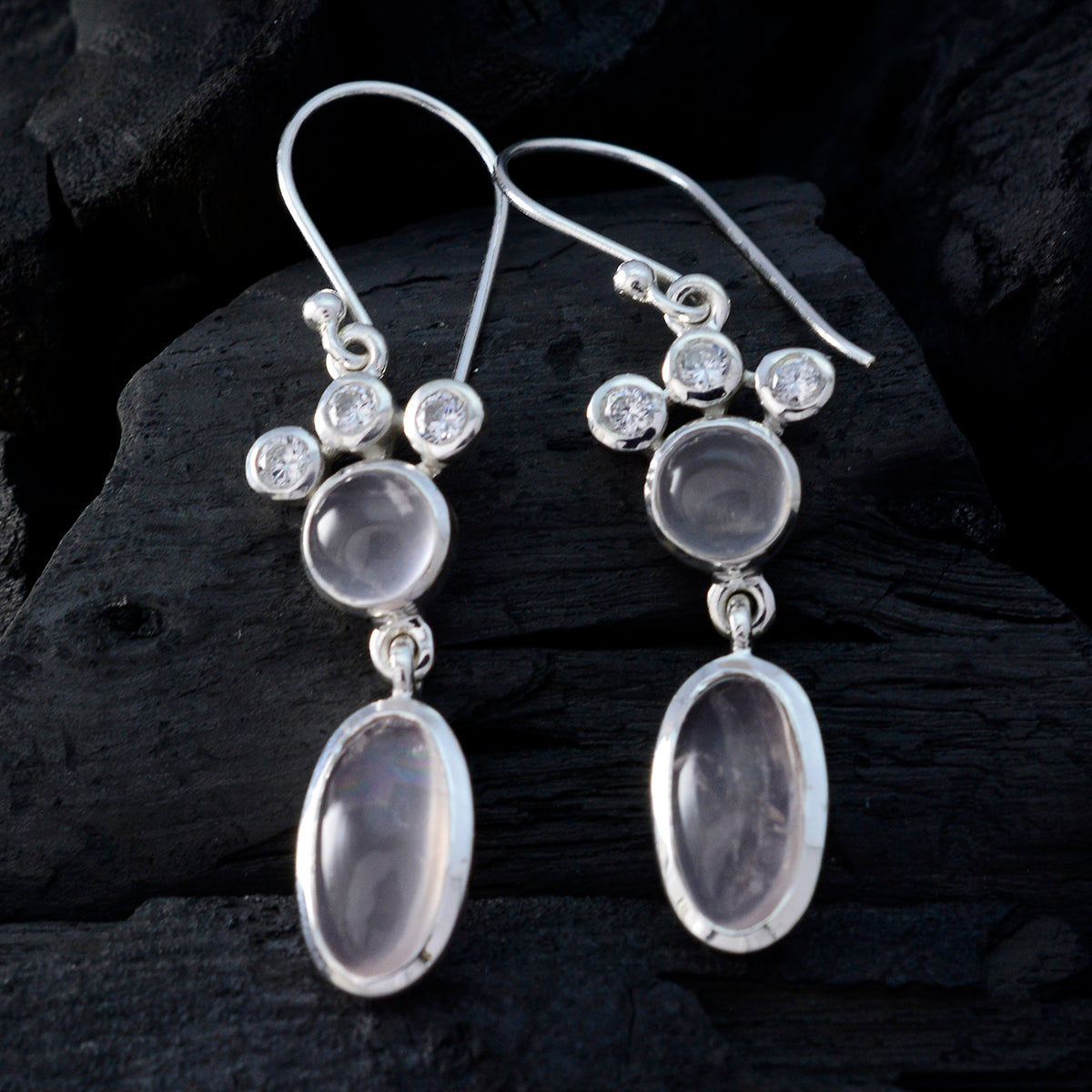 Riyo Drop-Dead Gorgeous Sterling Silver Earring For Female Rose Quartz Earring Bezel Setting Pink Earring Dangle Earring