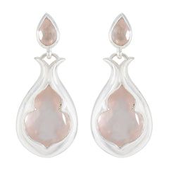 Riyo Alluring Sterling Silver Earring For Femme Rose Quartz Earring Bezel Setting Pink Earring Stud Earring