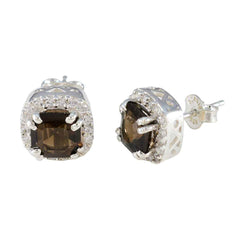 Riyo Winsome 925 Sterling Silber Ohrring für Damen, Rauchquarz-Ohrring, Lünettenfassung, brauner Ohrring-Bolzen-Ohrring