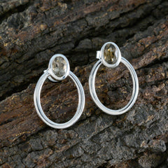 Riyo Good-Looking Sterling Silver Earring For Women Smoky Quartz Earring Bezel Setting Brown Earring Stud Earring