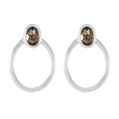 Riyo Good-Looking Sterling Silver Earring For Women Smoky Quartz Earring Bezel Setting Brown Earring Stud Earring