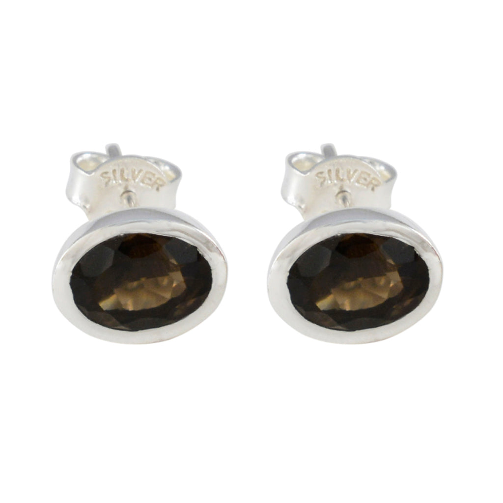 Riyo Knockout 925 Sterling Silver Earring For Femme Smoky Quartz Earring Bezel Setting Brown Earring Stud Earring