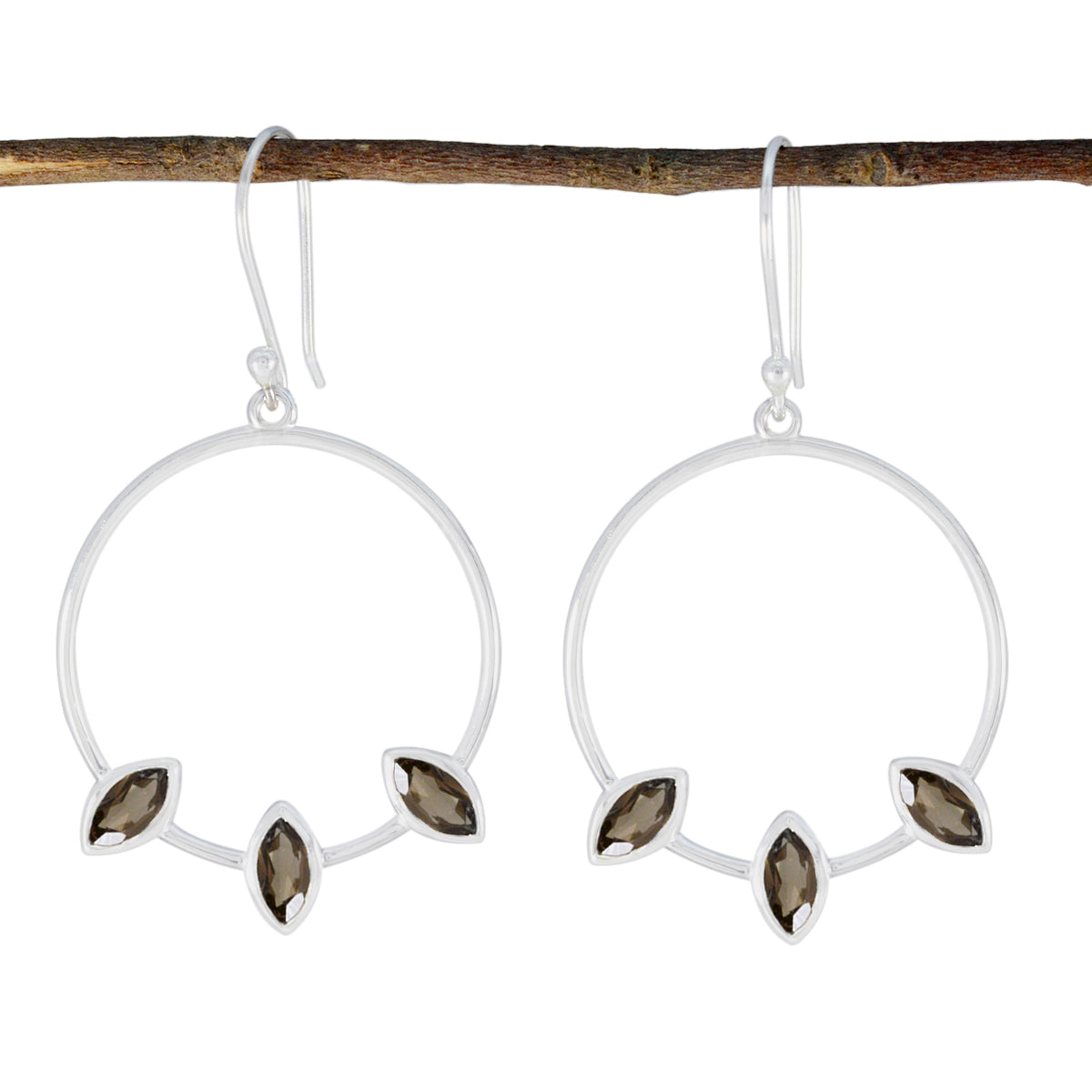 Riyo – boucles d'oreilles en argent sterling pour femmes, agréables à regarder, en quartz fumé, réglage de la lunette, boucles d'oreilles brunes pendantes
