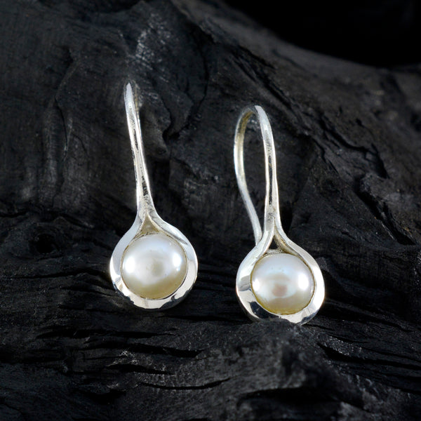 Riyo Delightful 925 Sterling Silver Earring For Damsel Pearl Earring Bezel Setting White Earring Dangle Earring