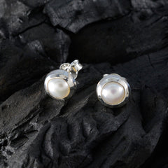 Riyo Fair Sterling Silver Earring For Women Pearl Earring Bezel Setting White Earring Stud Earring