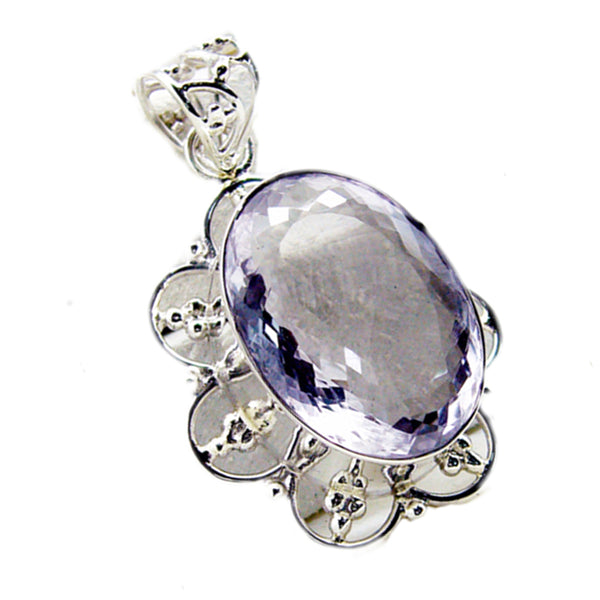 Riyo Appealing Gems Oval Checker Purple Amethyst Solid Silver Pendant Gift For Wedding