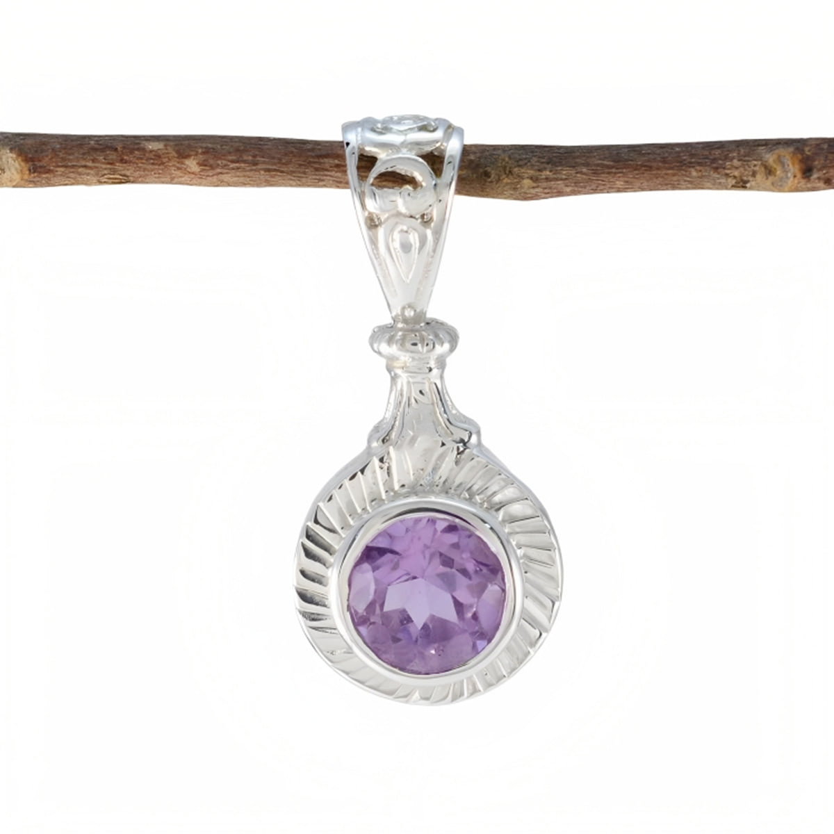 Riyo Smashing Gems Round Faceted Purple Amethyst Silver Pendant Gift For Wife