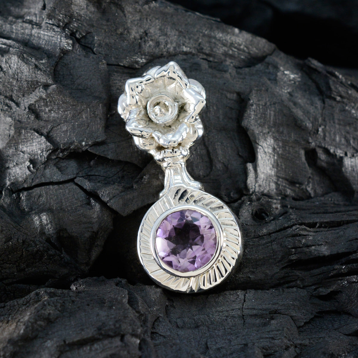 Riyo Delightful Gemstone Round Faceted Purple Amethyst Sterling Silver Pendant Gift For Handmade
