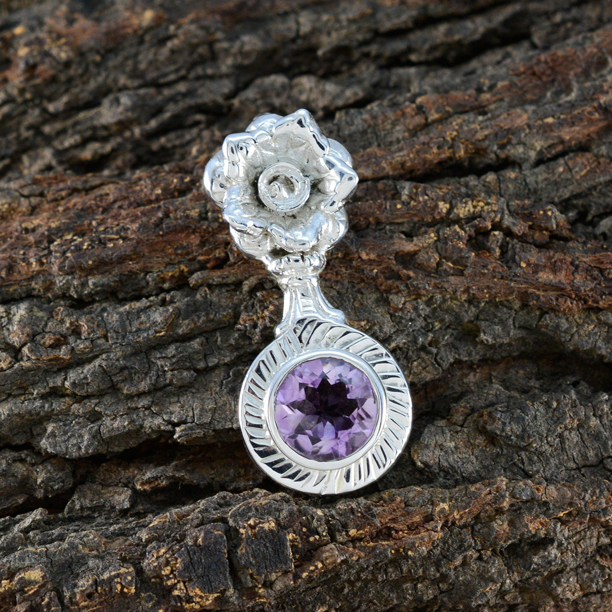 Riyo Delightful Gemstone Round Faceted Purple Amethyst Sterling Silver Pendant Gift For Handmade