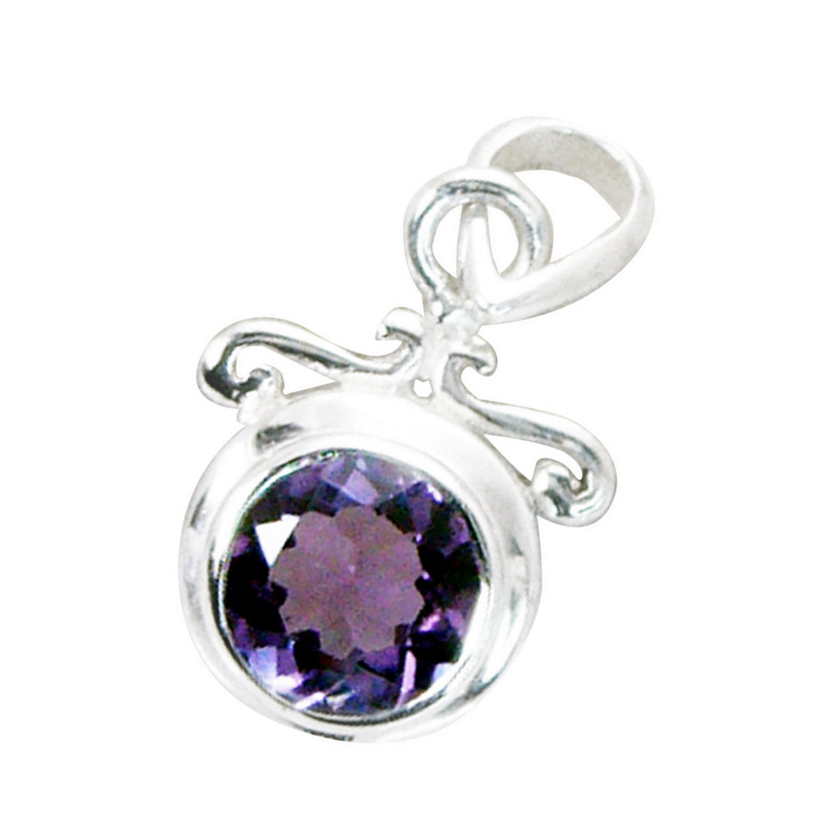 Preciosa piedra preciosa riyo, amatista púrpura facetada redonda, colgante de plata de ley 953, regalo para cumpleaños