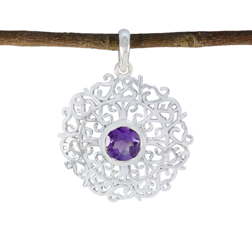 Riyo Fanciable Gemstone Round Faceted Purple Amethyst Sterling Silver Pendant Gift For Friend