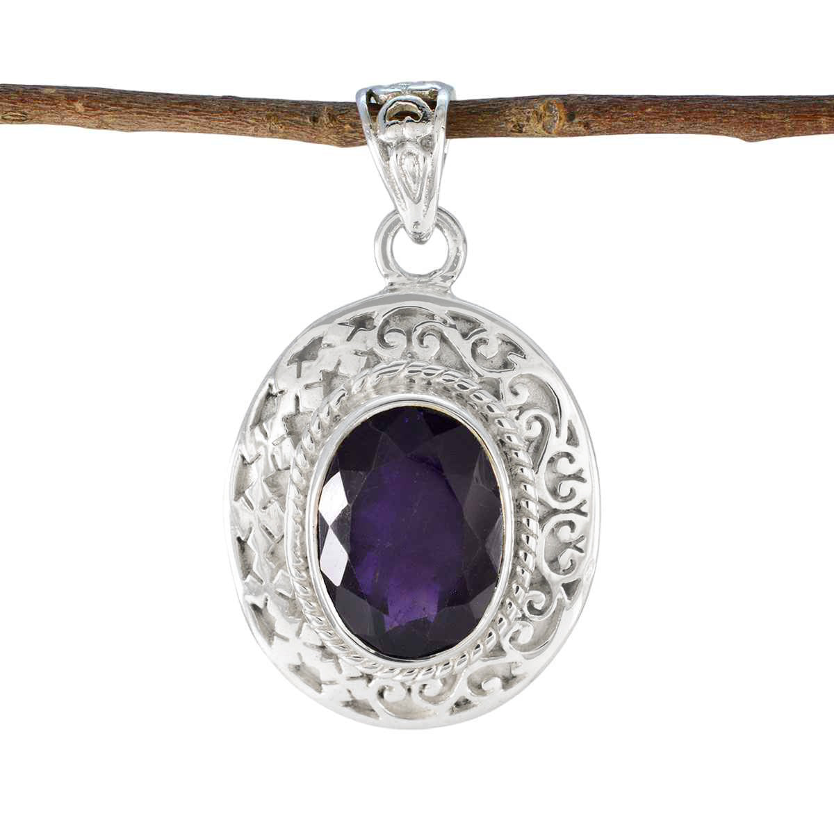 Riyo Fit Gemstone Oval Faceted Purple Amethyst 993 Sterling Silver Pendant Gift For Birthday