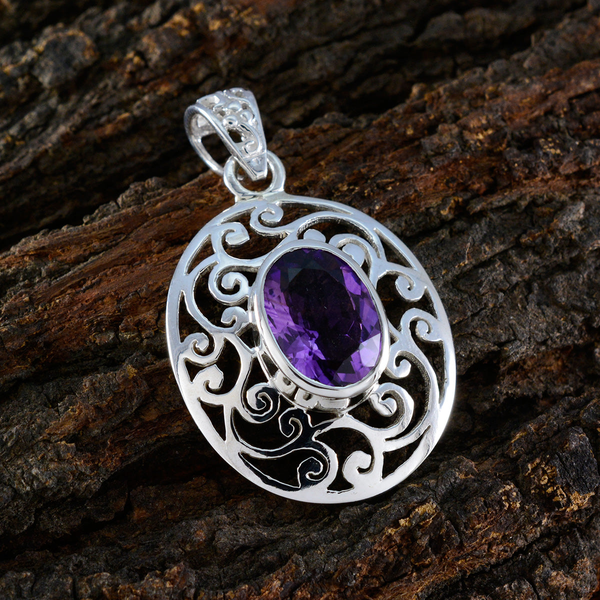 Riyo Genuine Gemstone Oval Faceted Purple Amethyst Sterling Silver Pendant Gift For Handmade