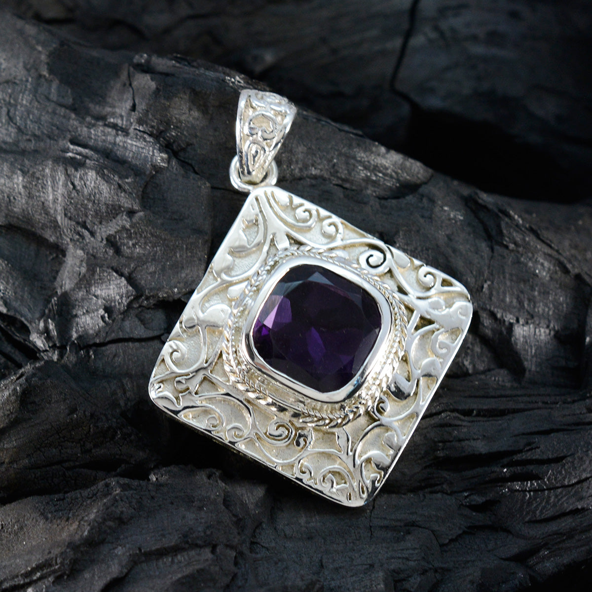 Riyo Nice Gemstone Cushion Faceted Purple Amethyst 997 Sterling Silver Pendant Gift For Birthday