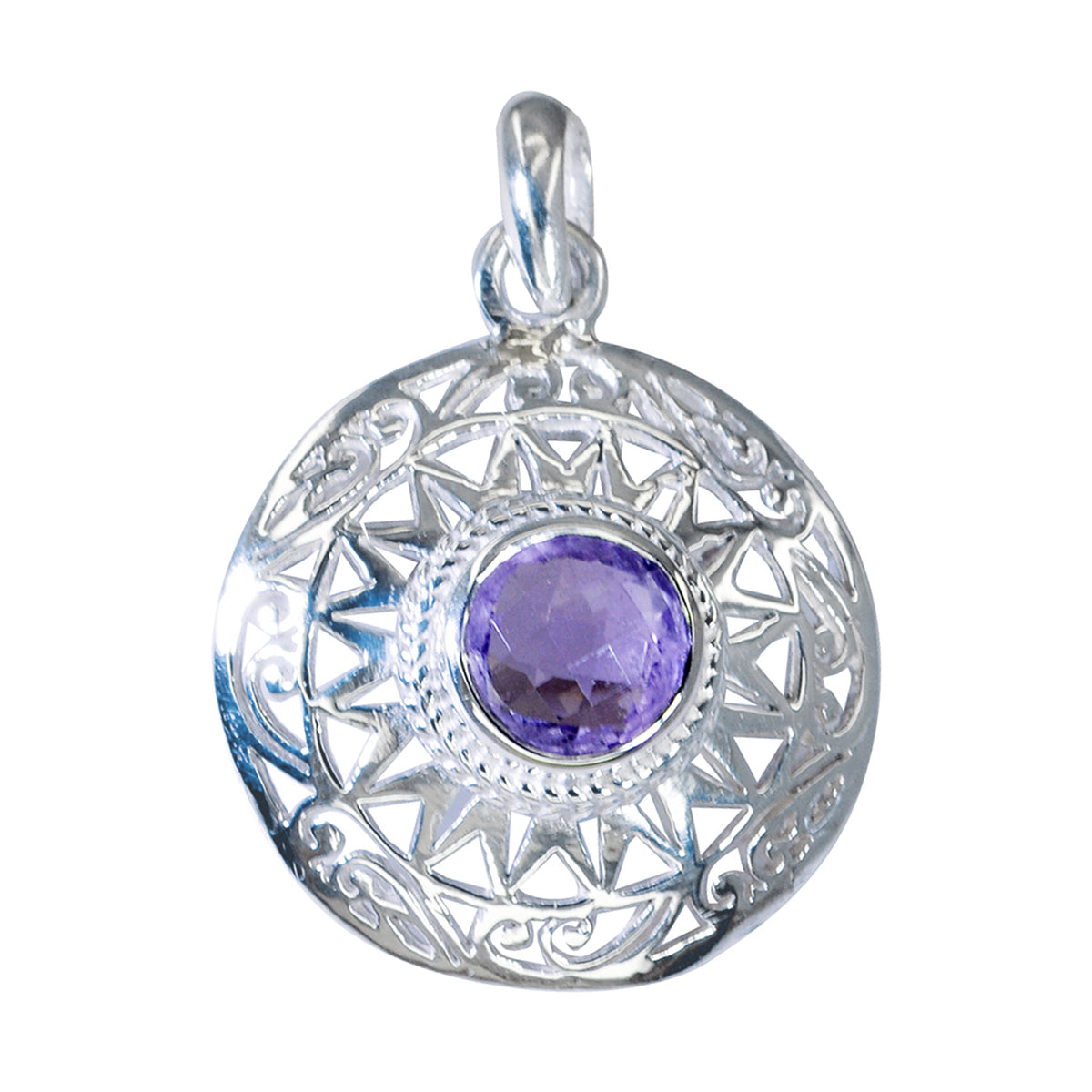 ciondolo in argento sterling 1002 con pietra preziosa estetica riyo, ametista viola sfaccettata rotonda, regalo per il Venerdì Santo