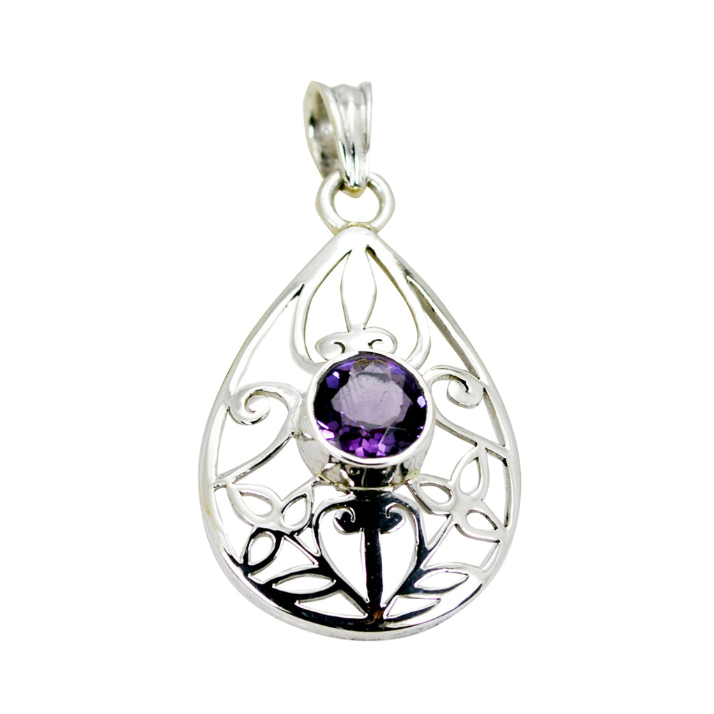 Riyo Charming Gemstone Round Faceted Purple Amethyst 1010 Sterling Silver Pendant Gift For Good Friday
