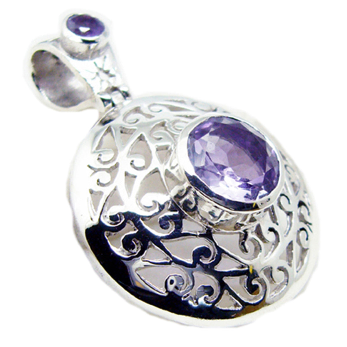 Riyo, attraente ciondolo con pietra preziosa rotonda sfaccettata, ametista viola, in argento sterling, regalo per le donne