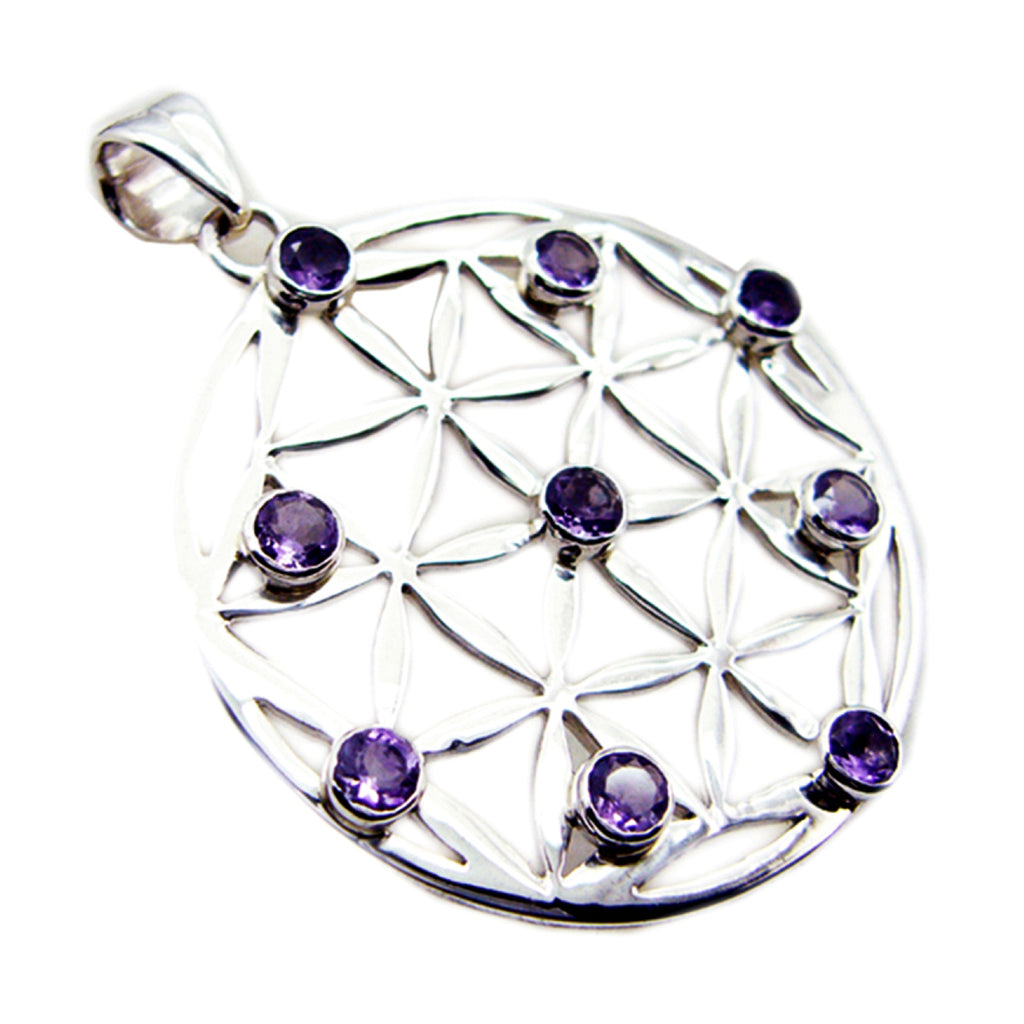 Riyo Aesthetic Gems Round Faceted Purple Amethyst Solid Silver Pendant Gift For Easter Sunday