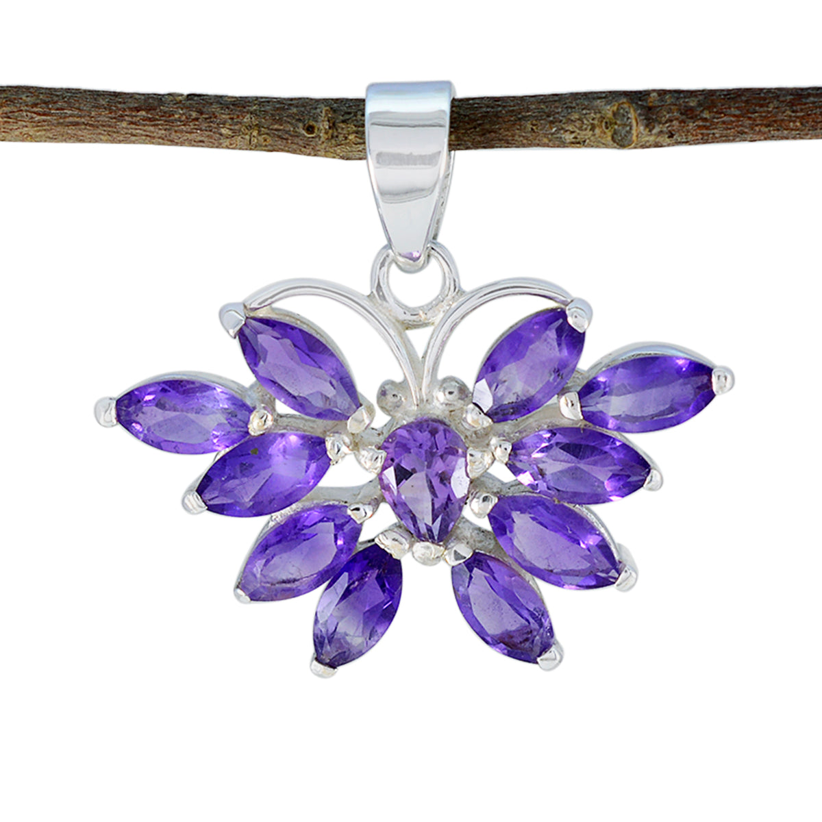 Riyo Real Gems Marquise Faceted Purple Amethyst Solid Silver Pendant Gift For Easter Sunday