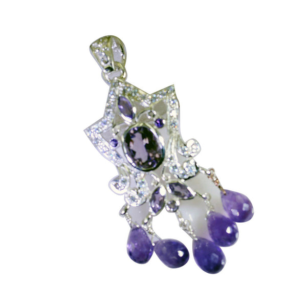 Riyo Real Gemstone Multi Faceted Purple Amethyst Sterling Silver Pendant Gift For Friend