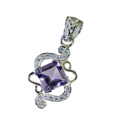 Riyo Pretty Gemstone Square Faceted Purple Amethyst Sterling Silver Pendant Gift For Christmas