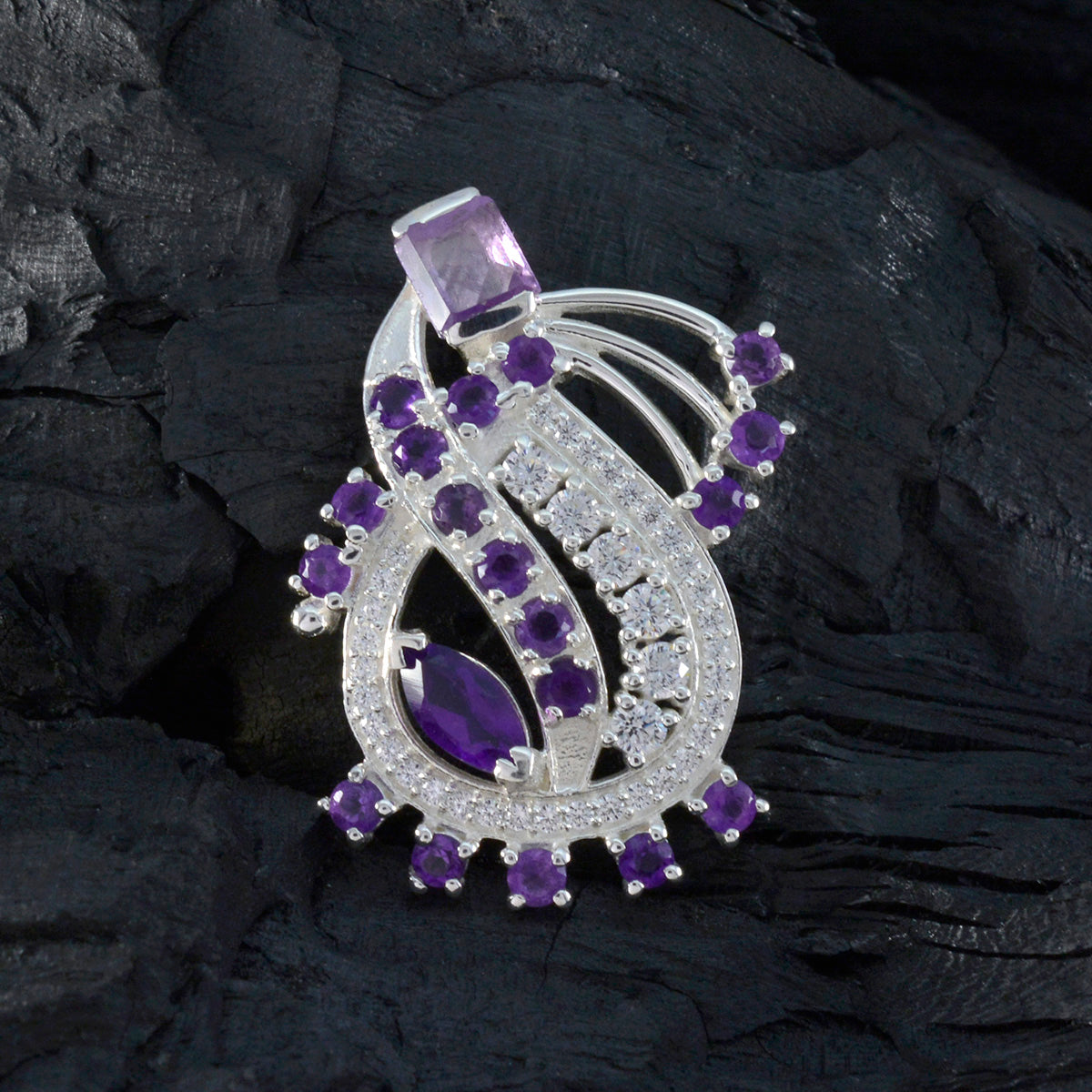 Riyo Winsome Gemstone Multi Faceted Purple Amethyst Sterling Silver Pendant Gift For Friend