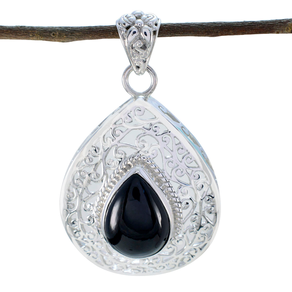 Riyo Heavenly Gems Birnen-Cabochon-Anhänger aus schwarzem schwarzem Onyx aus massivem Silber, Geschenk für Karfreitag