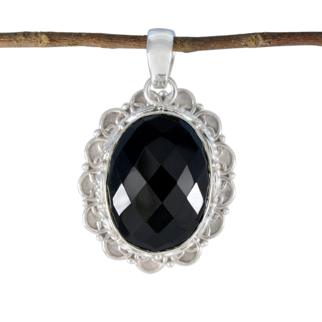 Riyo Foxy Gemstone Oval Checker Black Black Onyx Sterling Silver Pendant Gift For Christmas