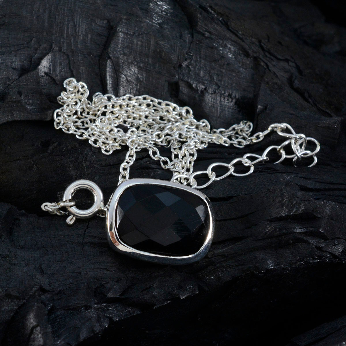 Riyo Handsome Gems Octagon Checker Black Black Onyx Solid Silver Pendant Gift For Anniversary
