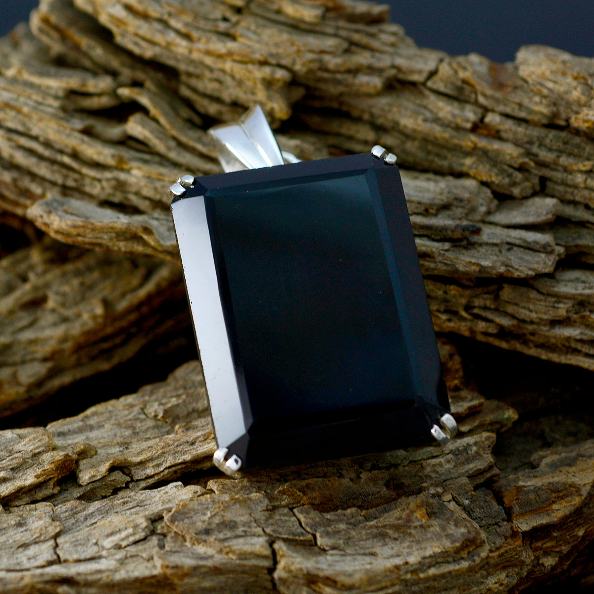 Riyo Genuine Gems Octagon Faceted Black Black Onyx Silver Pendant Gift For Engagement