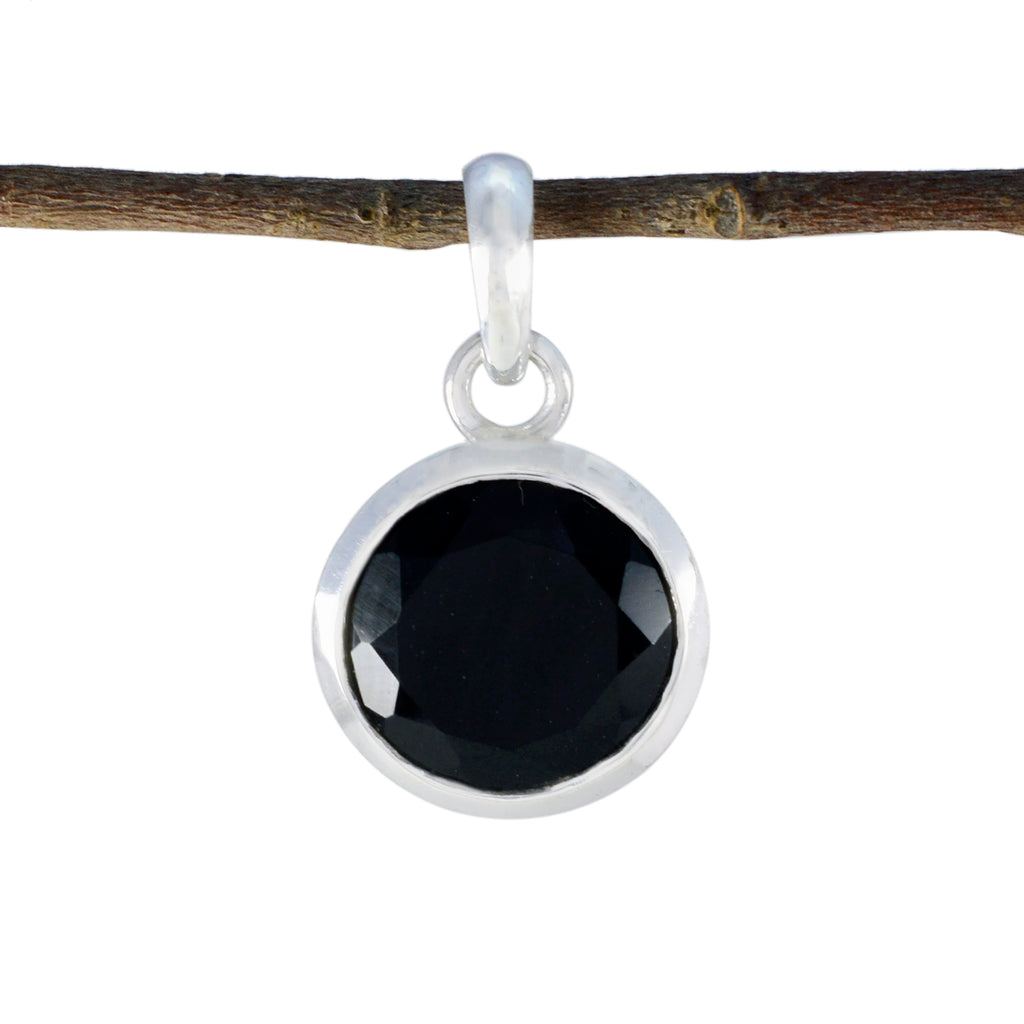 Riyo Decorative Gems Round Faceted Black Black Onyx Solid Silver Pendant Gift For Wedding