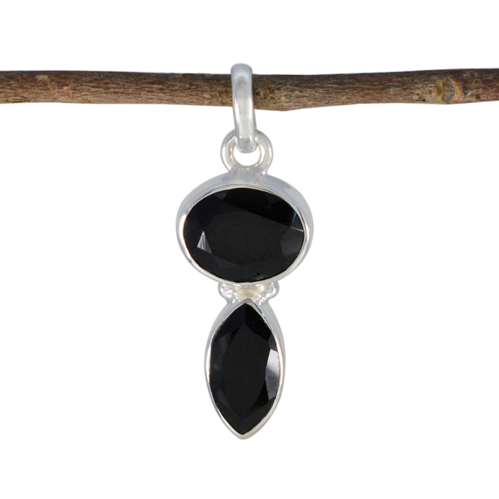 Riyo Elegant Gemstone Multi Faceted Black Black Onyx Sterling Silver Pendant Gift For Handmade