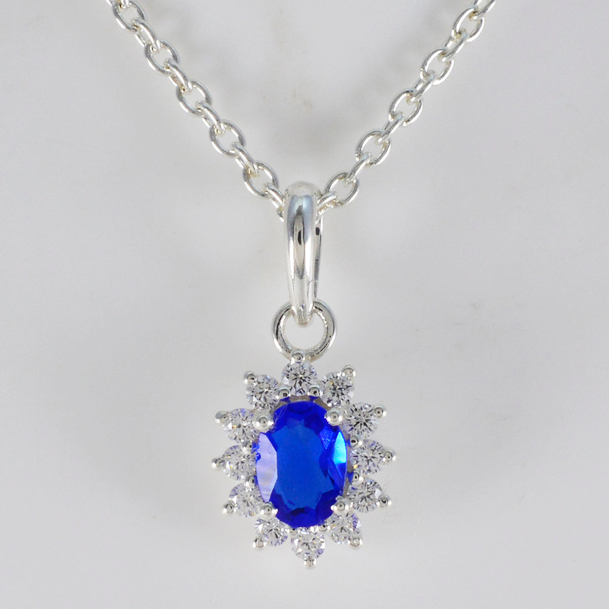 Riyo Attractive Gems Oval Faceted Blue Blue Sapphire Cz Solid Silver Pendant Gift For Anniversary