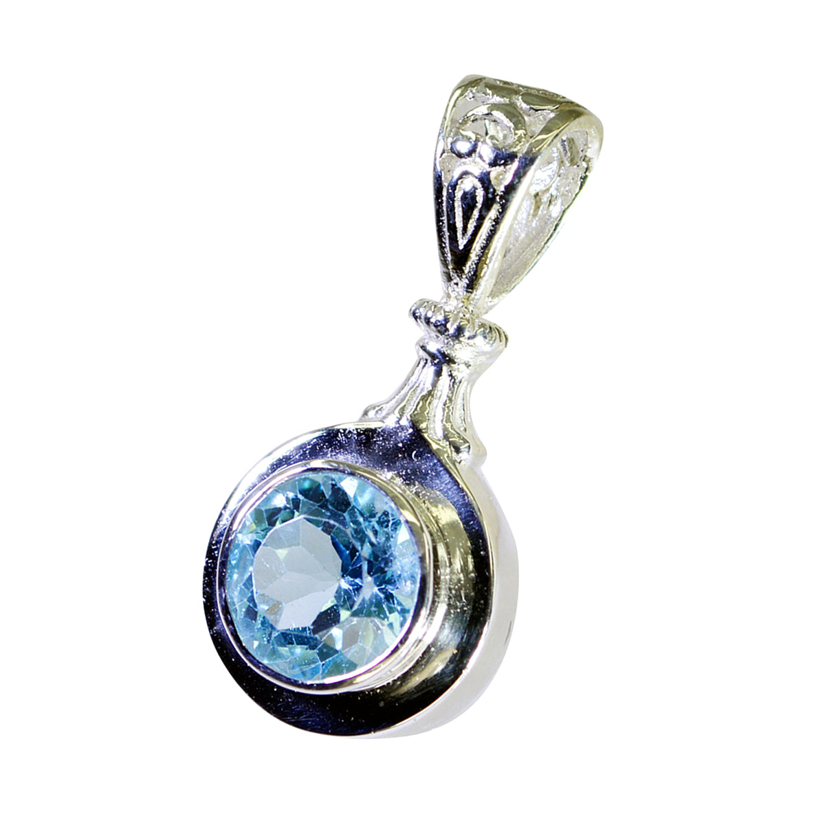 Riyo mignon pendentif rond en argent sterling avec topaze bleue à facettes, cadeau pour femme