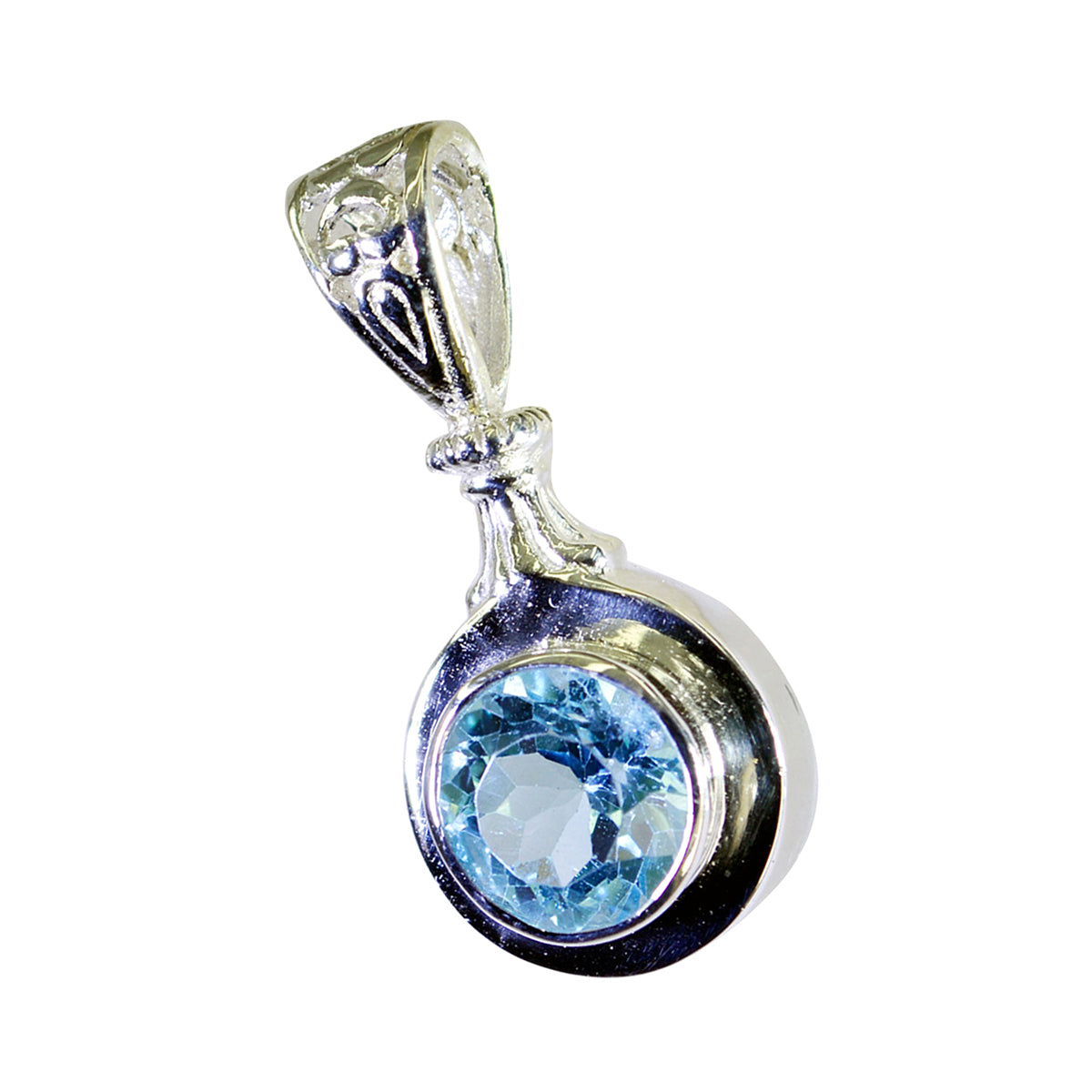 Riyo mignon pendentif rond en argent sterling avec topaze bleue à facettes, cadeau pour femme