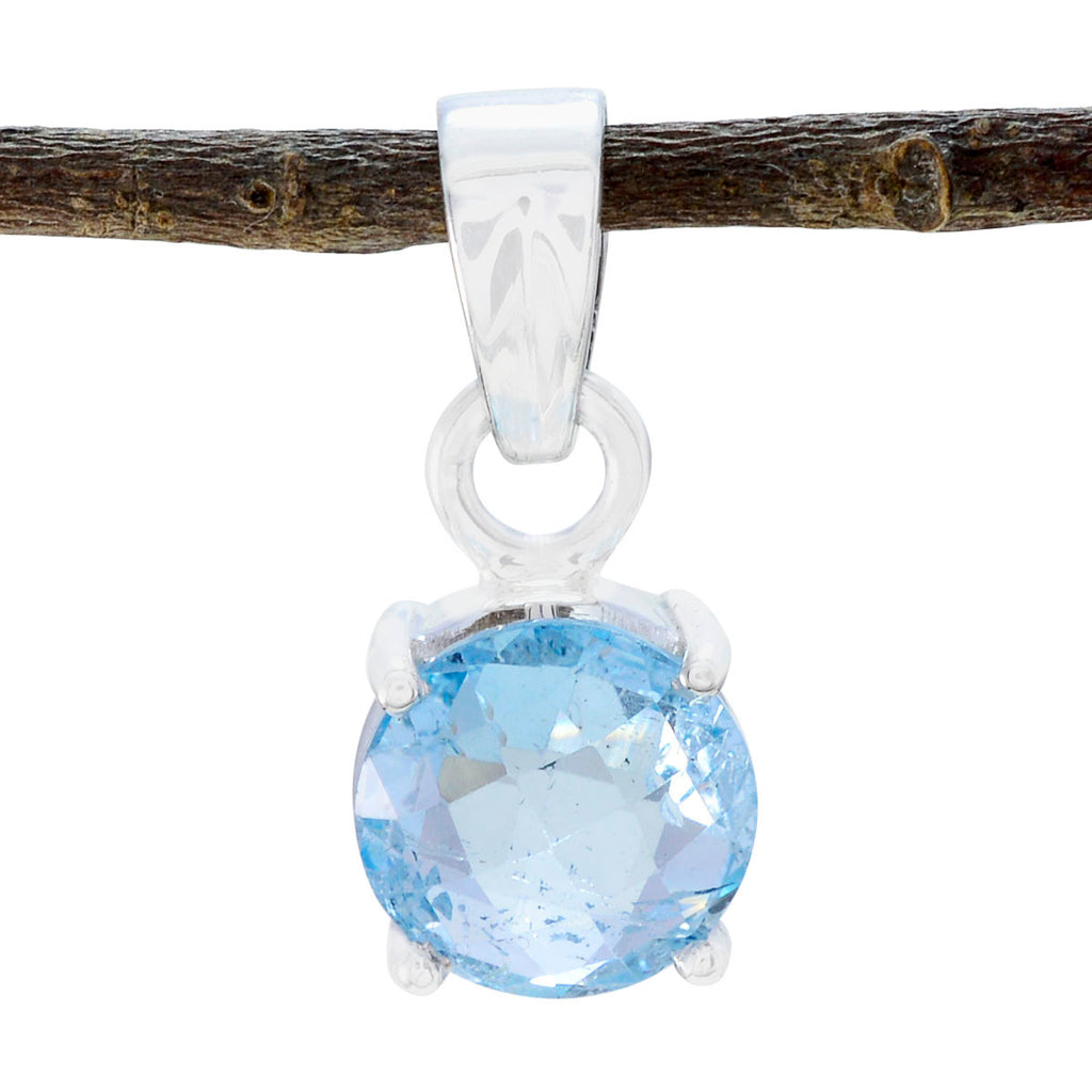 Riyo Drop Gems Round Faceted Blue Blue Topaz Solid Silver Pendant Gift For Anniversary