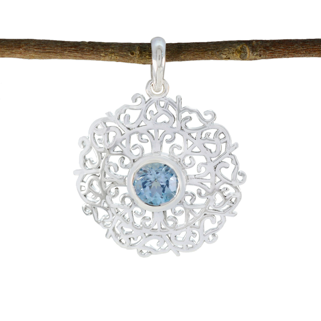 Riyo Beddable Gems Round Faceted Blue Blue Topaz Solid Silver Pendant Gift For Anniversary